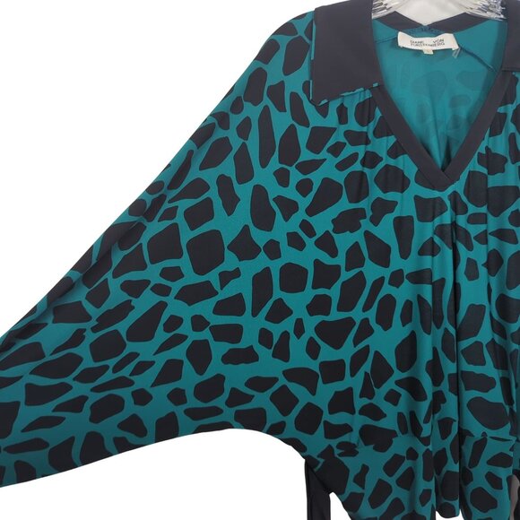 Diane Von Furstenberg Teal Black Animal Print Blouse V-Neck‎ Tie Waist L - Picture 6 of 15